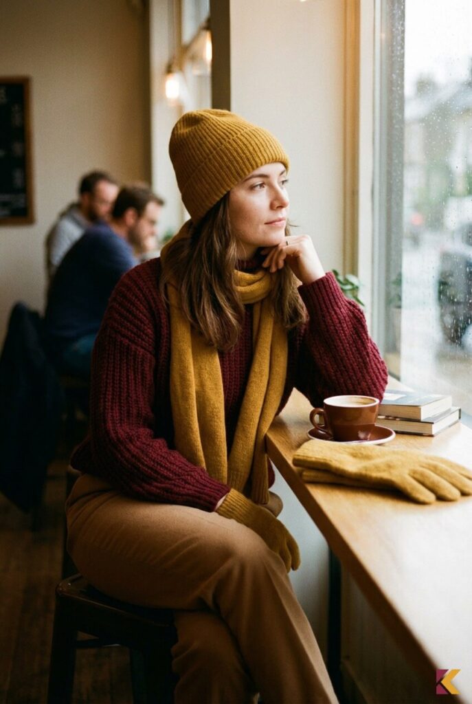 Wełniany sweter połączony ze spodniami w kolorze camel i musztardowymi dodatkami