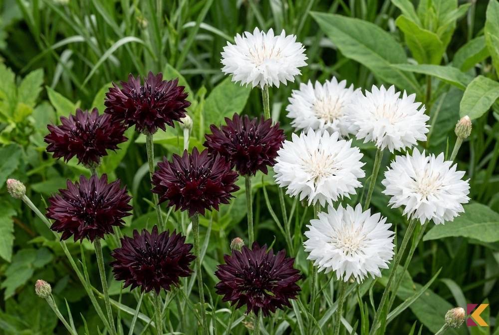 Zestawienie ciemnobordowego chabra odmiany Black Ball i śnieżnobiałego chabra White Ball na rabacie ogrodowej