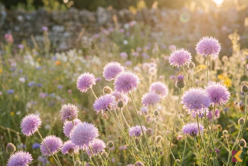 Puszyste, pastelowe kwiaty chabra piżmowego w ciepłym świetle słonecznym
