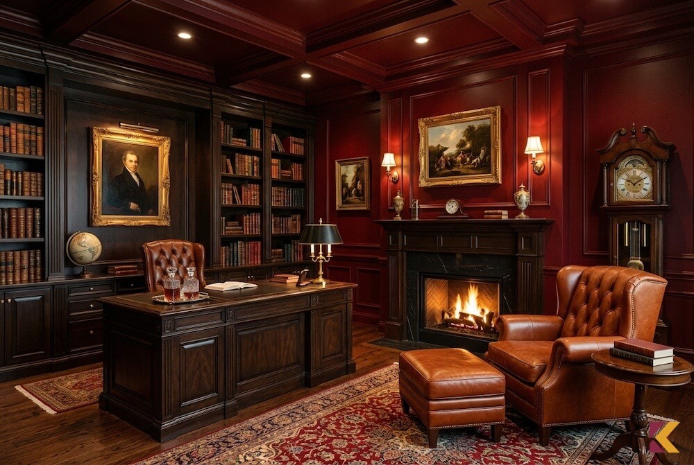 Klasyczny gabinet z bordowymi ścianami i hebanowymi meblami