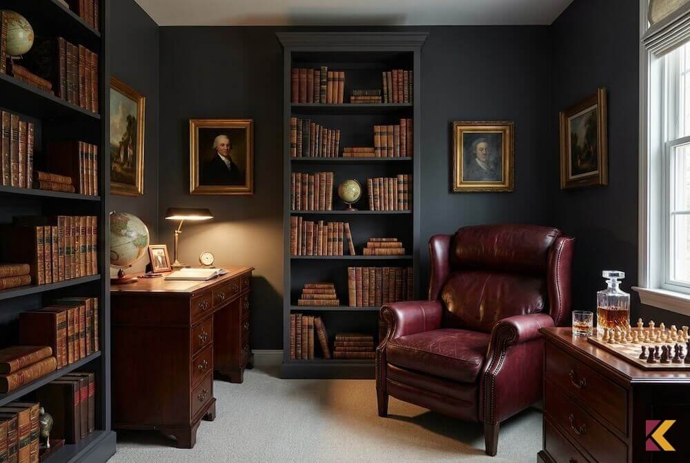 Męski gabinet z burgundowym fotelem na tle grafitowej ściany