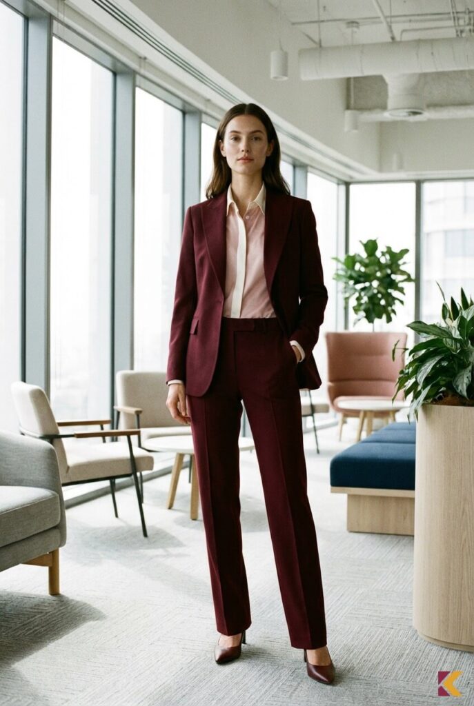 Kobieta w bordowym garniturze z jedwabną koszulą w odcieniu pudrowy róż i ivory w nowoczesnym biurze