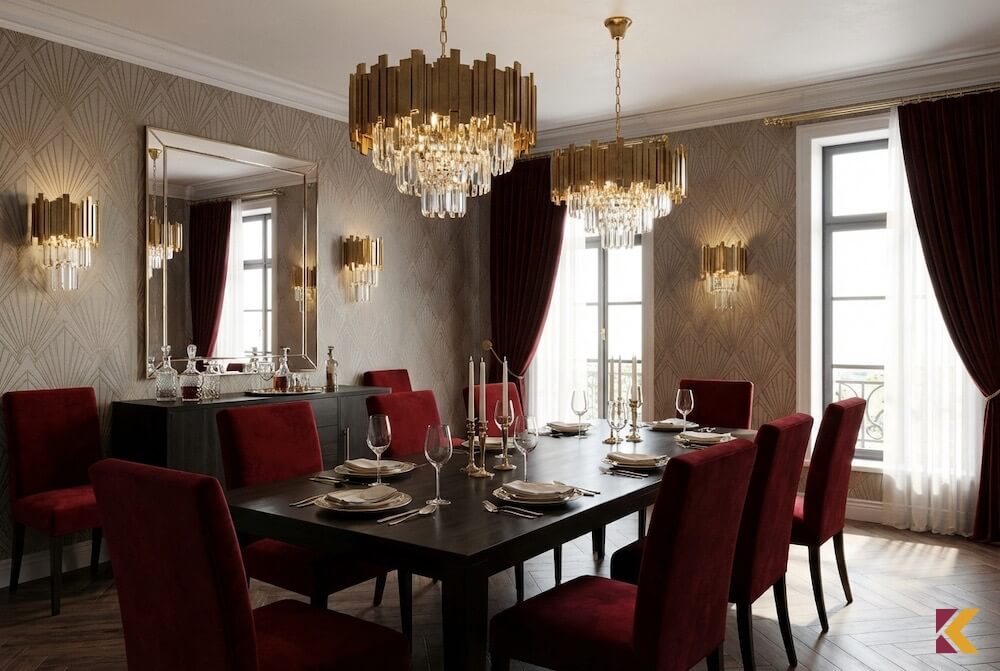 Jadalnia art déco z bordowymi krzesłami i mosiężnymi lampami