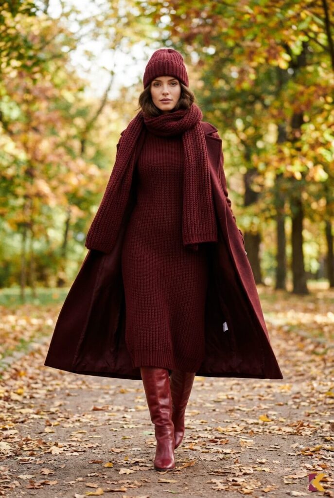 Kobieta w dzianinowej sukience midi zestawionej z wiśniowymi kozakami w jesiennym parku