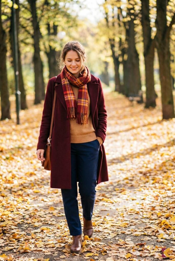 Jesienna stylizacja: bordowy płaszcz, sweter camel, granatowe spodnie i szalik w kratę w parku