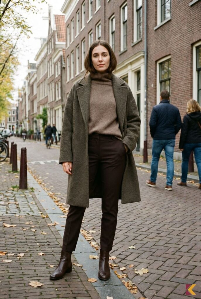 Damski jesienny total look z płaszczem fango i swetrem taupe oraz spodniami w kolorze gorzkiej czekolady