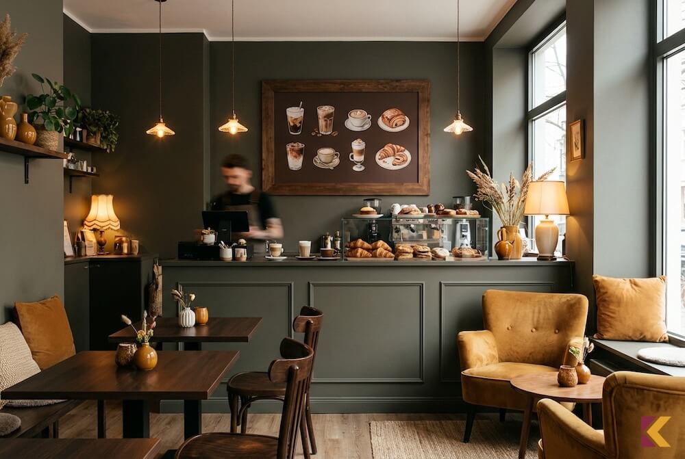 Przytulna kawiarnia speciality w odcieniach fango z czekoladowymi i karmelowymi akcentami