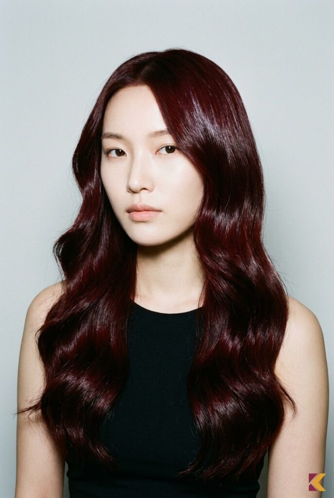 Kobieta o chłodnym typie urody z włosami w modnym odcieniu cherry coke