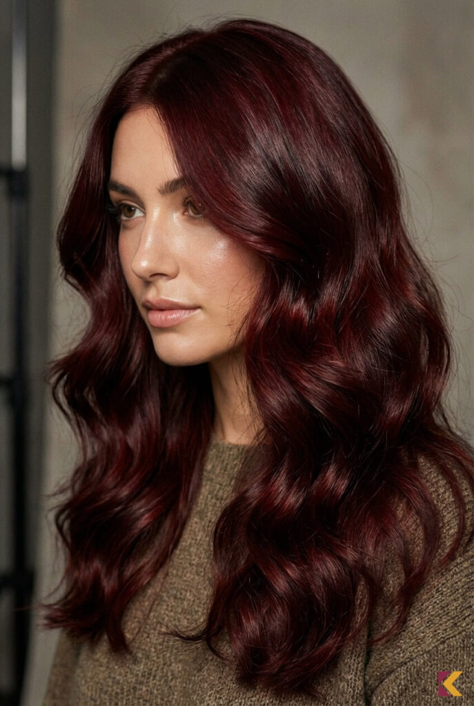 Włosy w odcieniu mahoniowo-wiśniowym z bordowymi refleksami, ujęcie w półprofilu