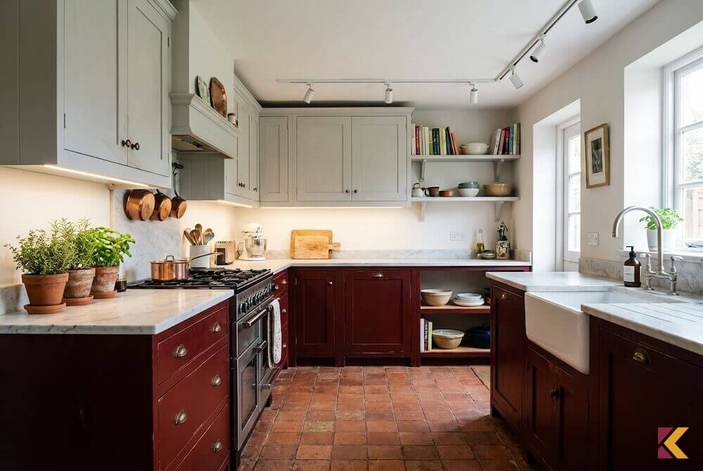 Nowoczesna kuchnia z burgundowymi szafkami i marmurowym blatem