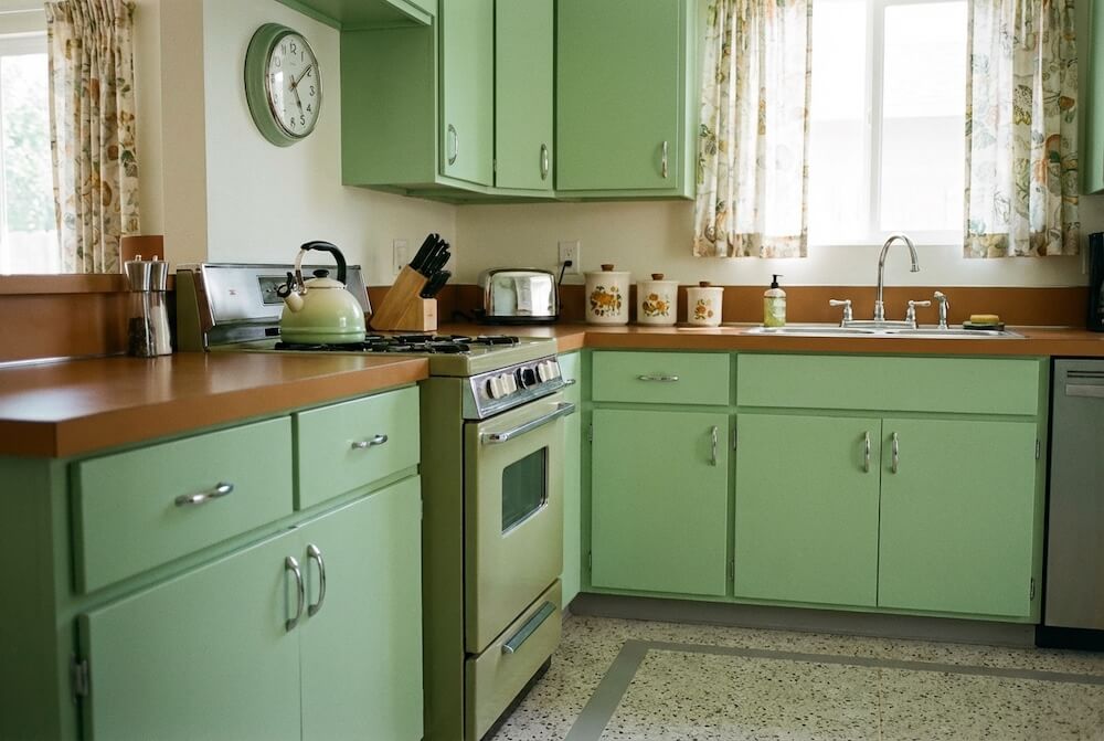 Kuchnia retro z seledynowymi frontami, karmelowym blatem i lastryko z popielatymi akcentami