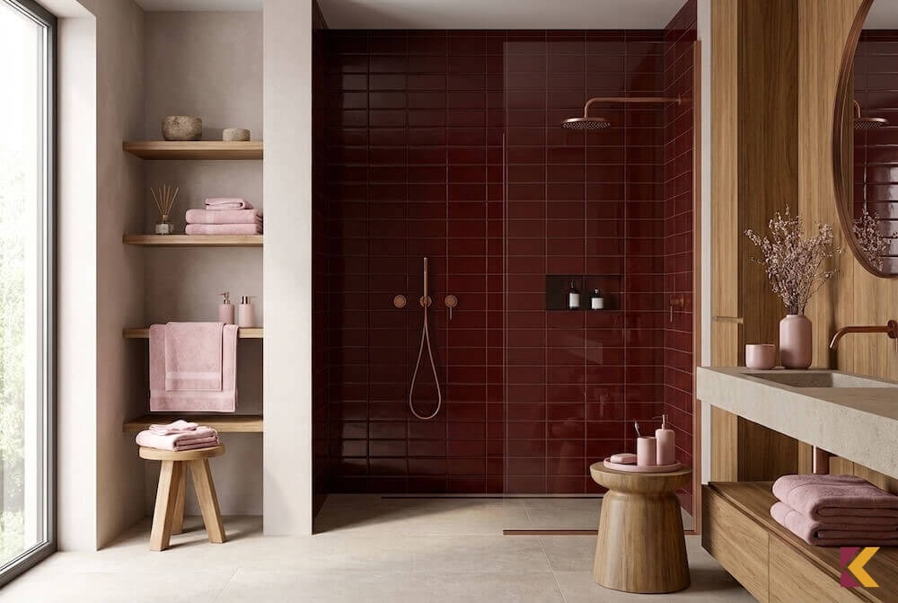 Łazienka w stylu spa z burgundowymi płytkami pod prysznicem