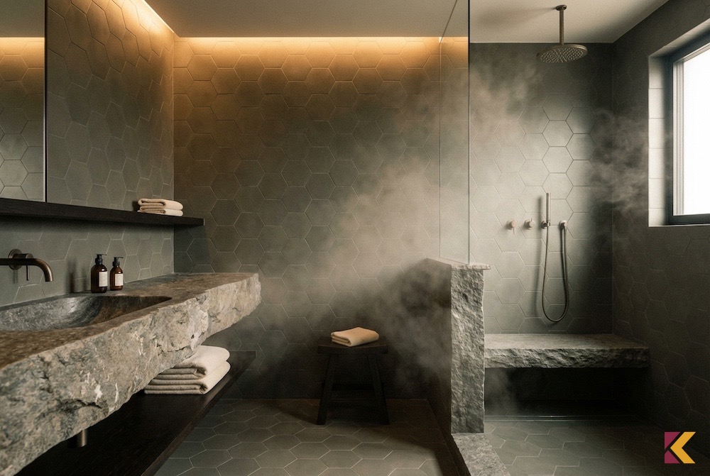 Łazienka spa z płytkami fango, drewnem heban i ręcznikami piaskow