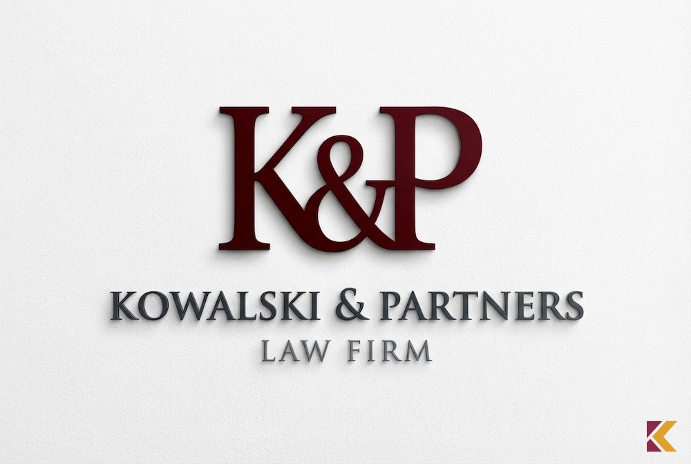 Logo kancelarii w bordowym kolorze z elegancką grafitowo-stalową typografią