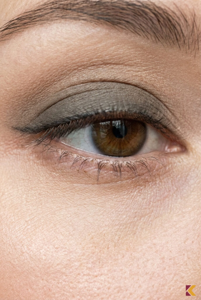 Makijaż dzienny oka z cieniem fango i roztartym kaszmirowym cieniem w załamaniu