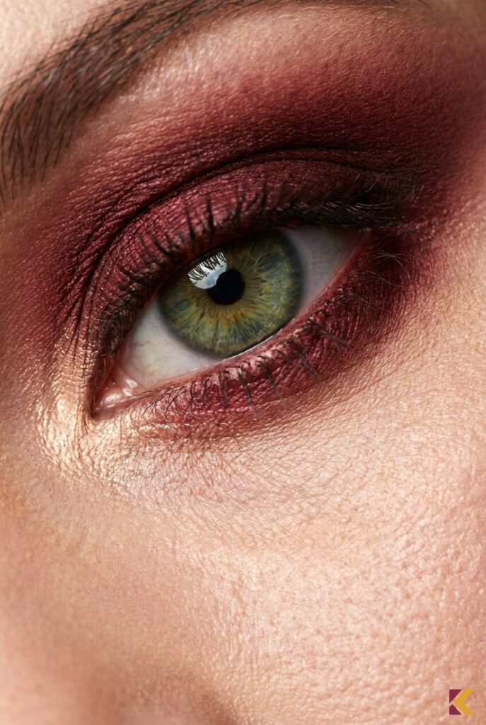 Makijaż oka smokey eyes podkreślający zieloną tęczówkę z rozświetleniem w kąciku