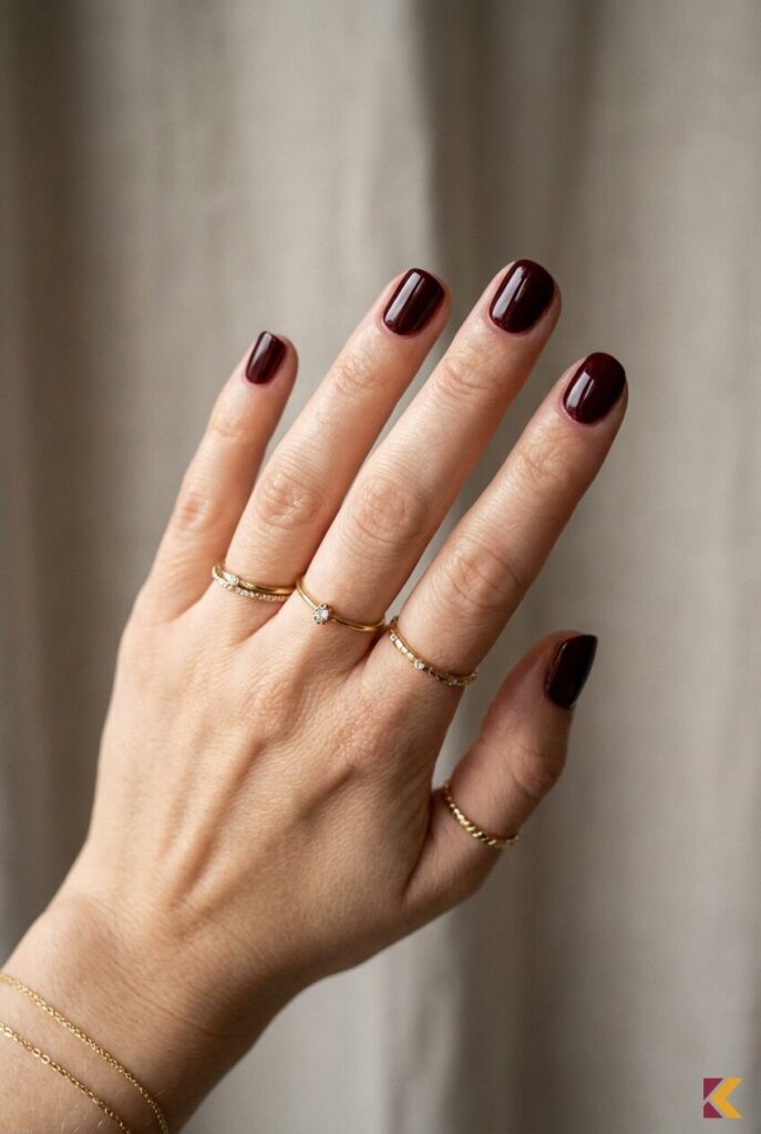 Krótkie paznokcie w kolorze bordowym z elegancką złotą biżuterią na dłoniach