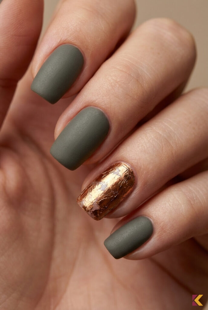 Manicure hybrydowy w kolorze fango z matowym wykończeniem i miedzianą folią na jednym paznokciu