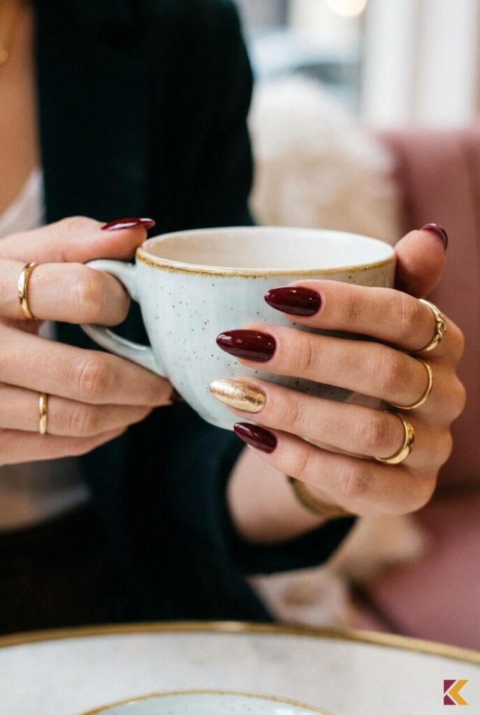 Elegancki manicure z jednym paznokciem pomalowanym na złocisty kolor