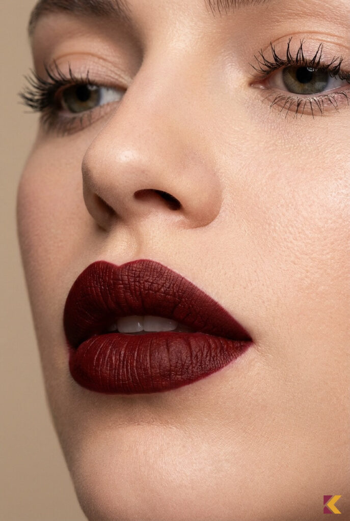 Zbliżenie na usta z matową pomadką w głębokim bordowym odcieniu przy minimalistycznym makijażu oka