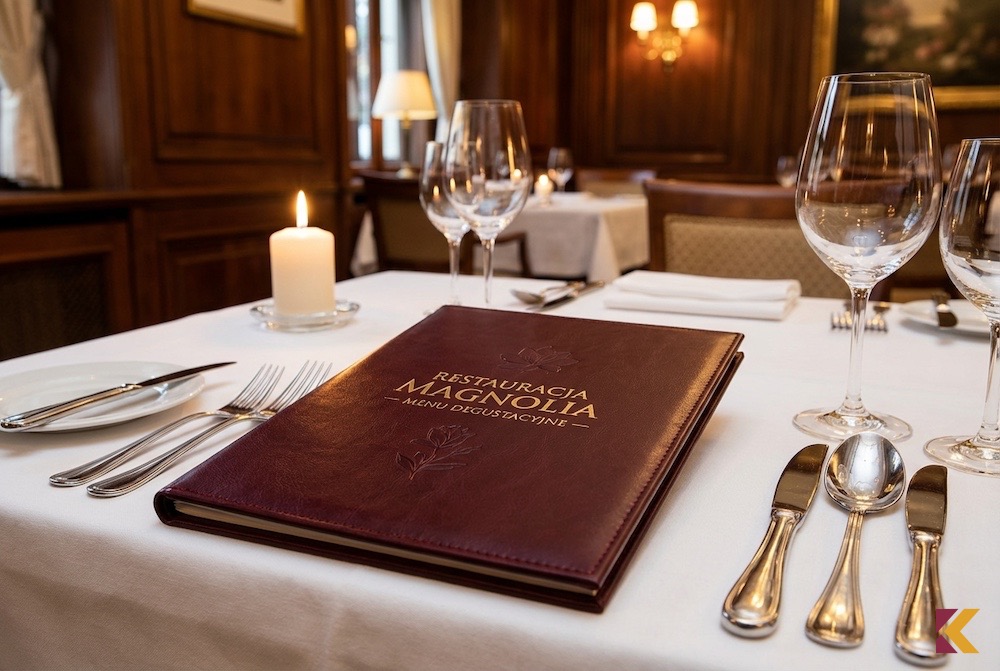 Skórzana bordowa oprawa menu w eleganckiej restauracji fine dining