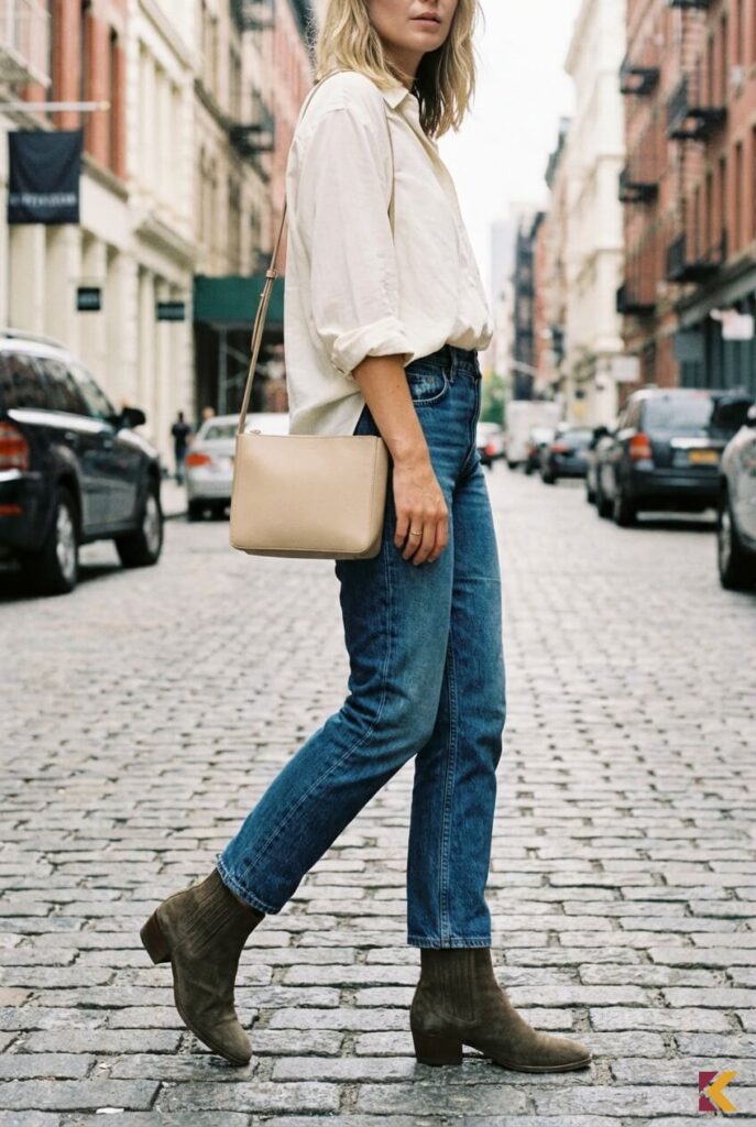 Damski miejski casual z botkami fango, modrymi jeansami i koszulą ivory