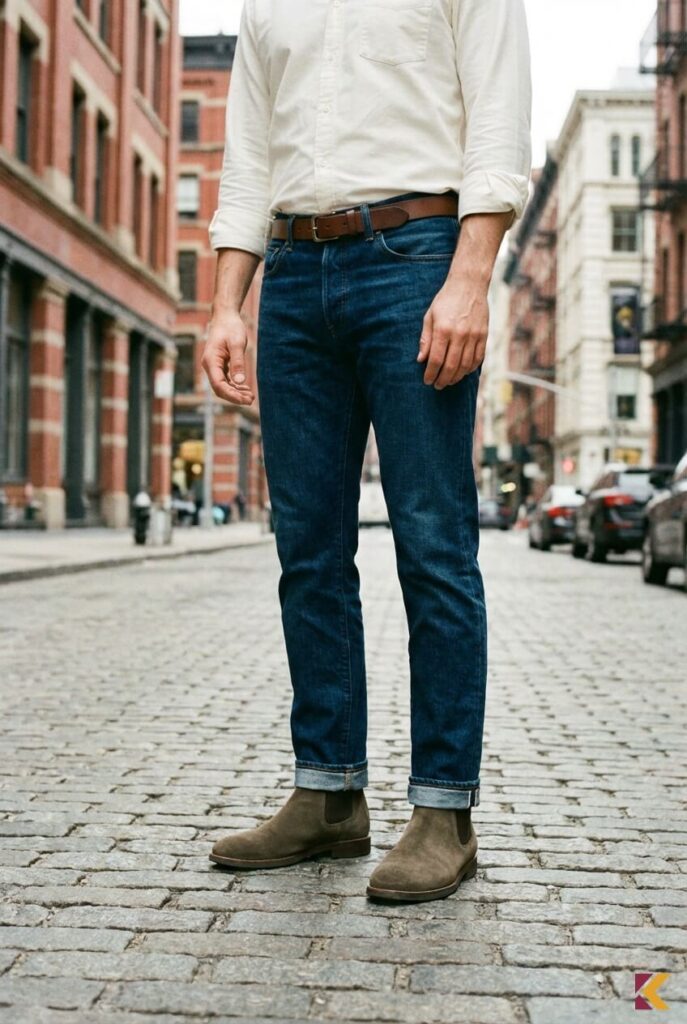 Męski miejski casual z zamszowymi sztybletami fango, jeansami błękit pruski i koszulą ivory