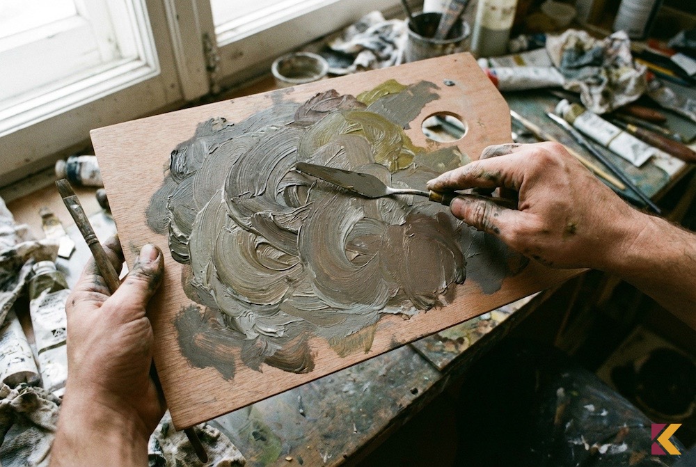 Mieszanie farb na palecie w celu uzyskania koloru fango