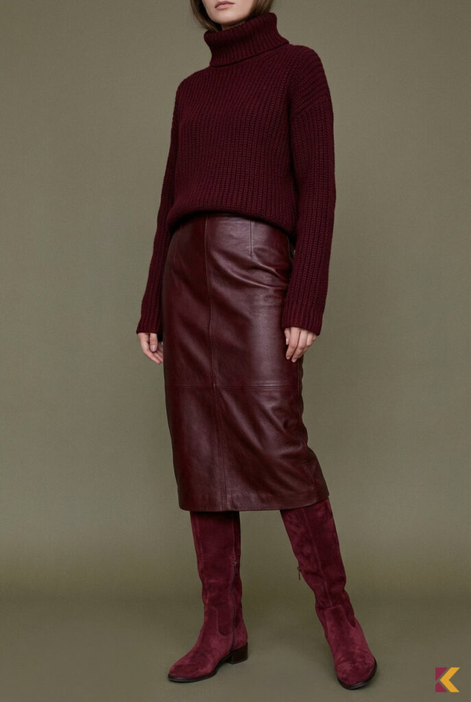 Monochromatyczna stylizacja z bordową spódnicą, burgundowym golfem i wiśniowymi kozakami na jednolitym tle