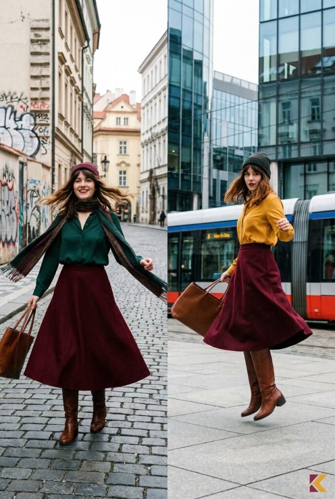 Stylizacja z bordową spódnicą midi i kontrastową górą w butelkowej zieleni lub musztardowym odcieniu w miejskiej scenerii