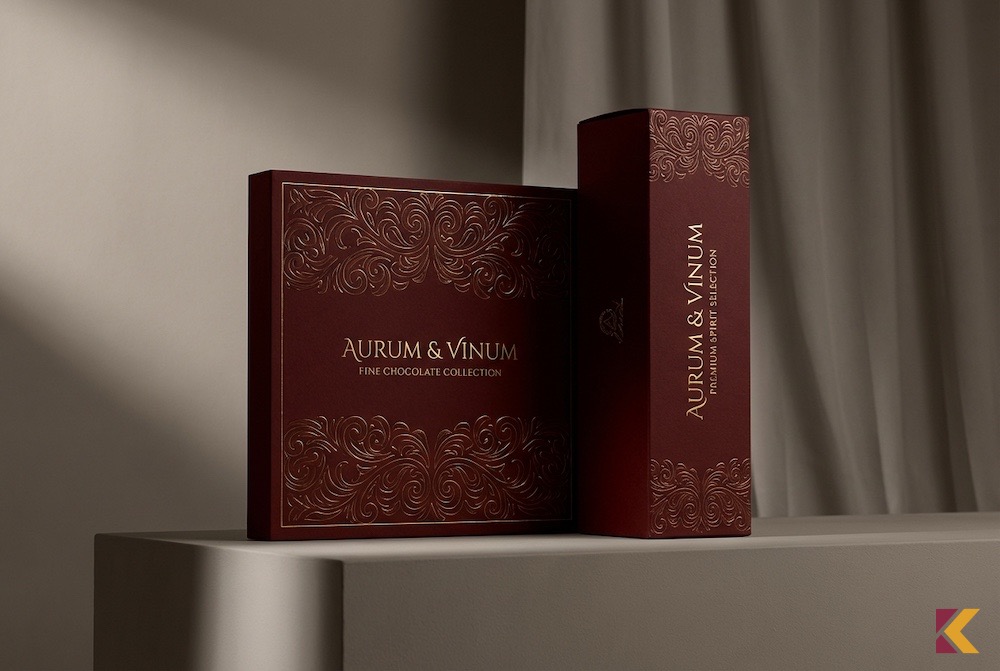 Bordowe opakowania premium ze złocistymi zdobieniami na ekskluzywne produkty