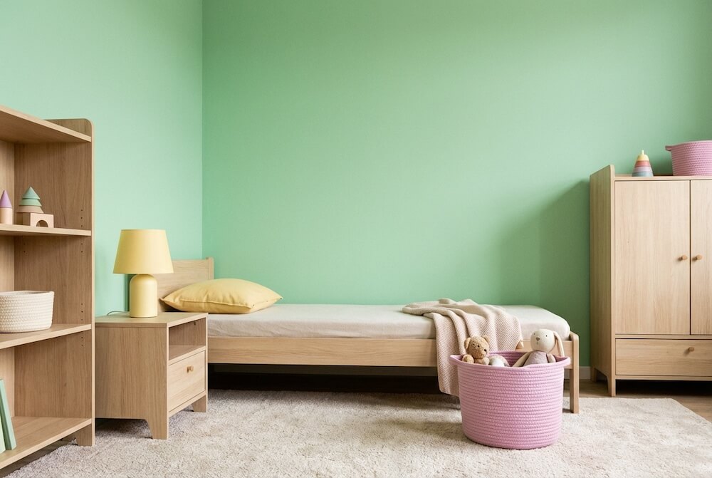 Sypialnia w stylu Zen z seledynową ścianą za łóżkiem, bielą alabastrową i pościelą w beżu kaszmirowym