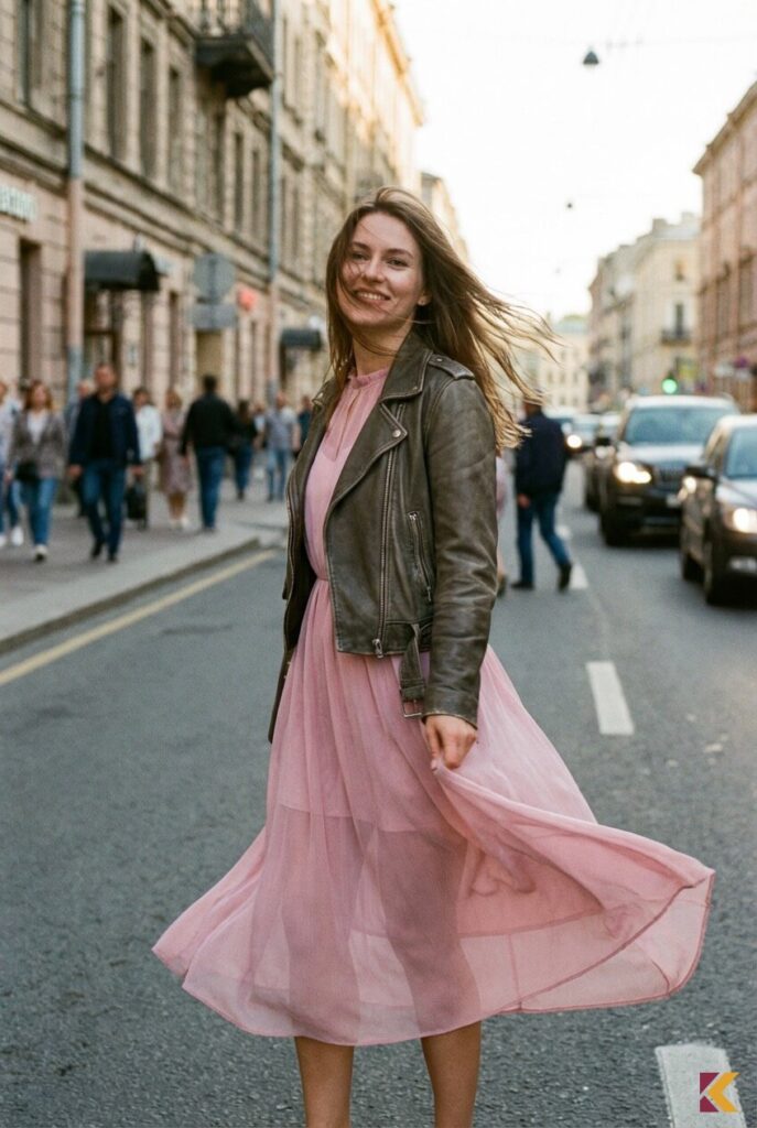 Zwiewna sukienka pudrowy róż zestawiona ze skórzaną kurtką fango