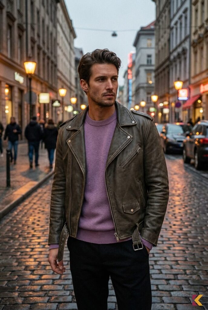 Męska stylizacja z wrzosowym swetrem i skórzaną kurtką fango w miejskim świetle