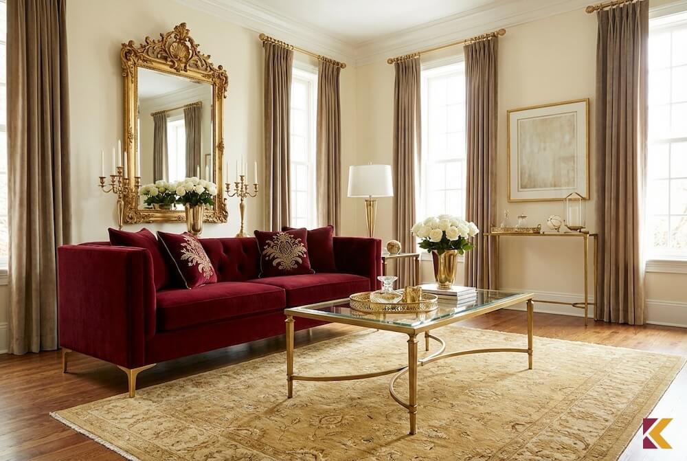 Luksusowy salon glamour z bordową welurową sofą i złocistymi akcentami
