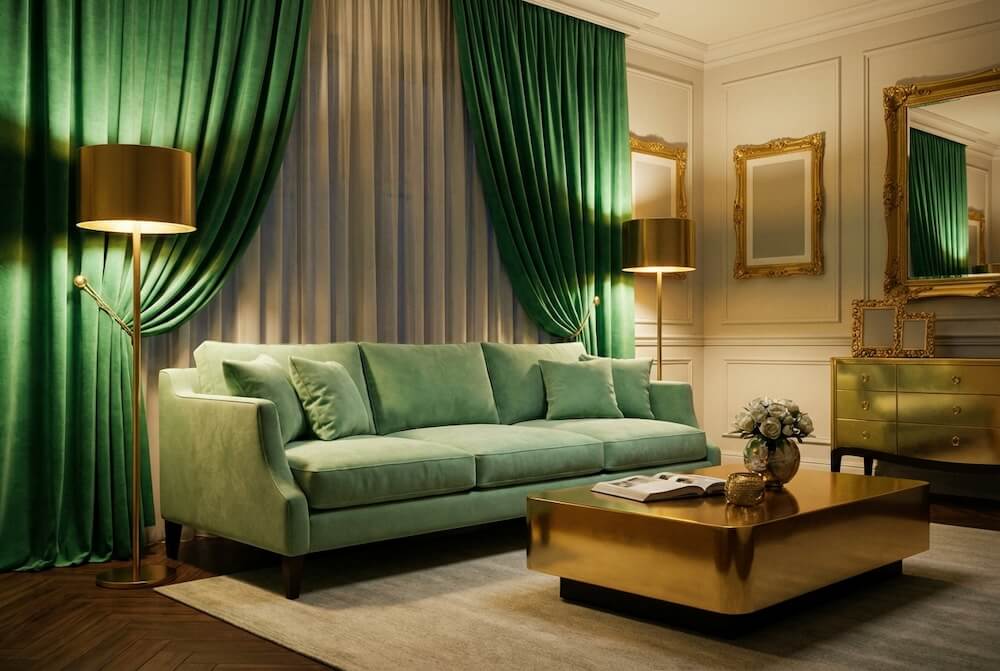 Salon glamour z seledynową welurową sofą, złocistymi dodatkami i szmaragdowymi zasłonami