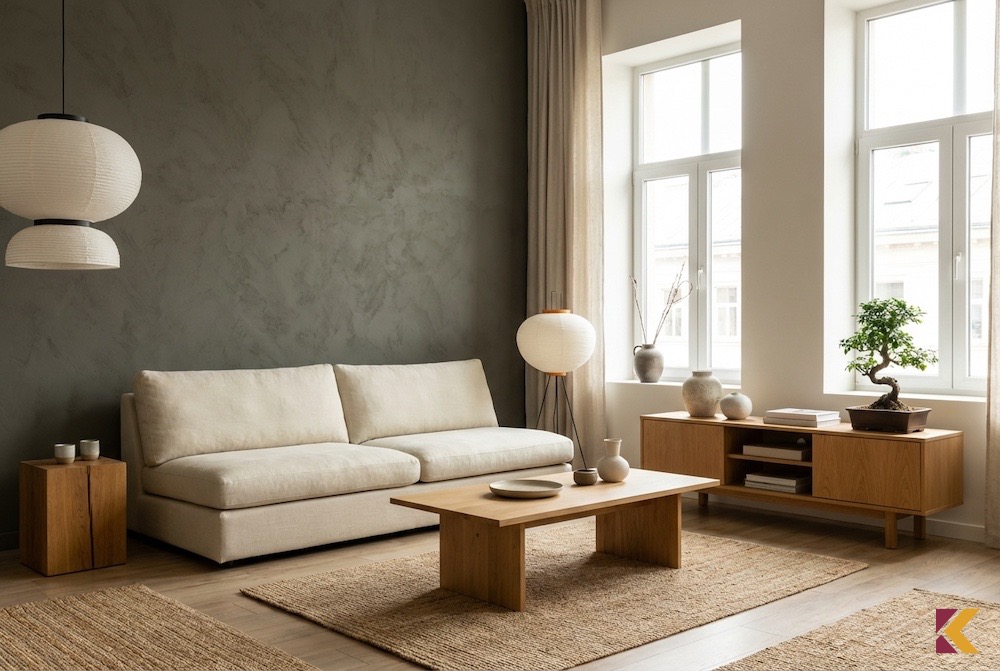 Salon japandi z fango ścianą i sofą ecru oraz jasnym drewnem dębowym