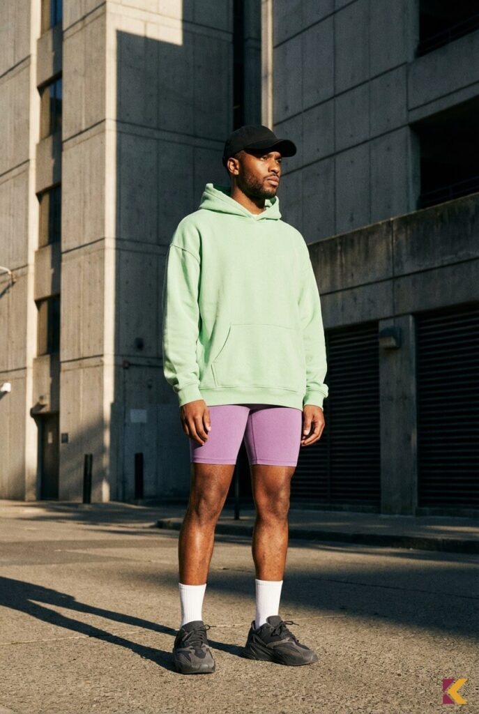 Męska stylizacja streetwear z seledynową bluzą i kolarkami w odcieniu wrzosowego fioletu