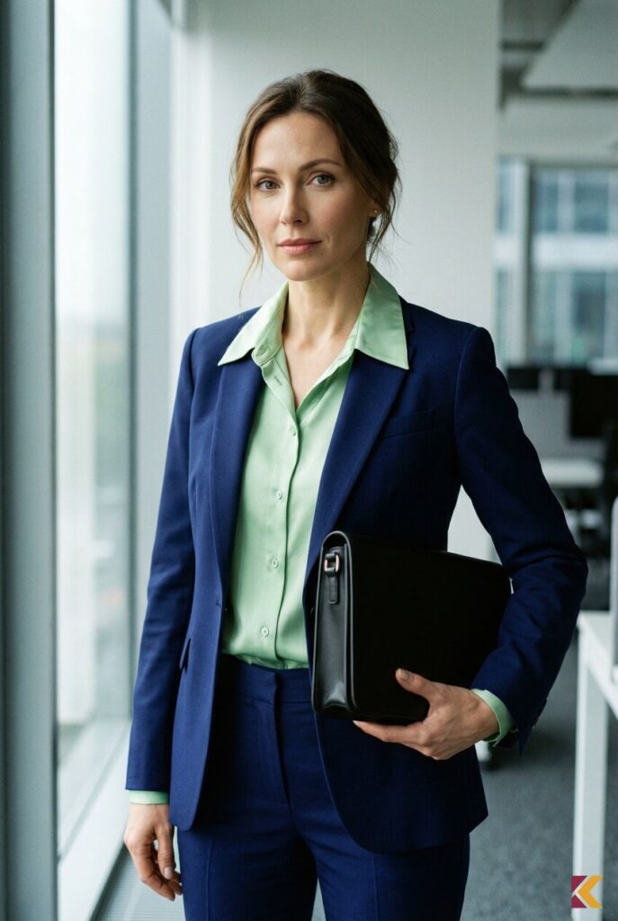 Stylizacja smart casual do biura z seledynową koszulą i granatowym garniturem