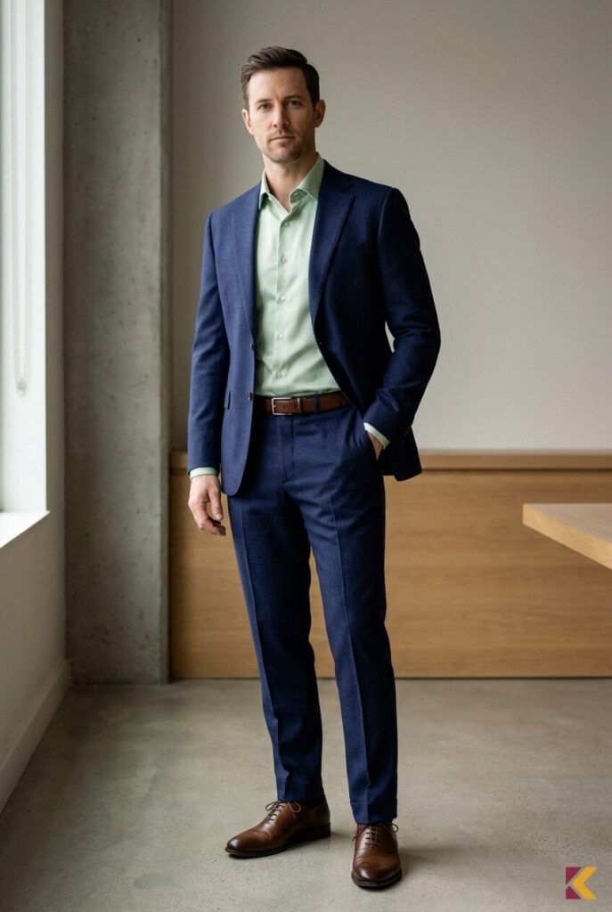 Męska stylizacja smart casual do biura z seledynową koszulą i granatowym garniturem
