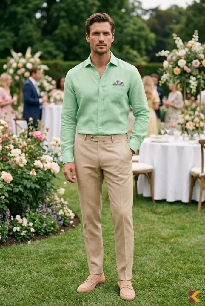 Męska letnia stylizacja na przyjęcie z seledynową koszulą i dodatkami w odcieniu nude