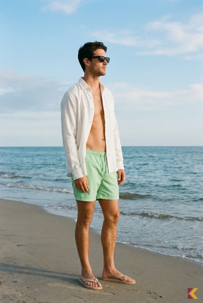 Męski stylizacja na plażę z seledynowymi szortami i lnianą koszulą w perłowej bieli
