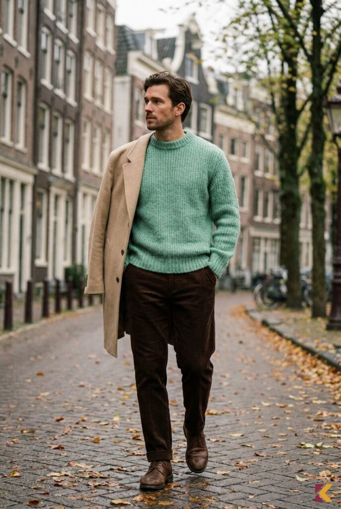 Jesienna męska stylizacja z seledynowym swetrem i spodniami w kolorze czekoladowego brązu