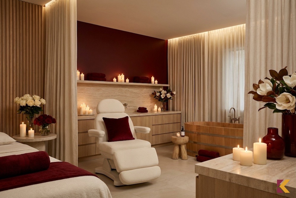 Wnętrze spa z bordowymi akcentami w wystroju sugerujące luksusowe zabiegi
