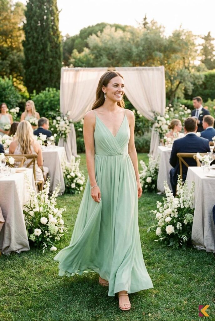 Zwiewna seledynowa sukienka maxi na letnie przyjęcie z sandałkami nude i srebrną biżuterią