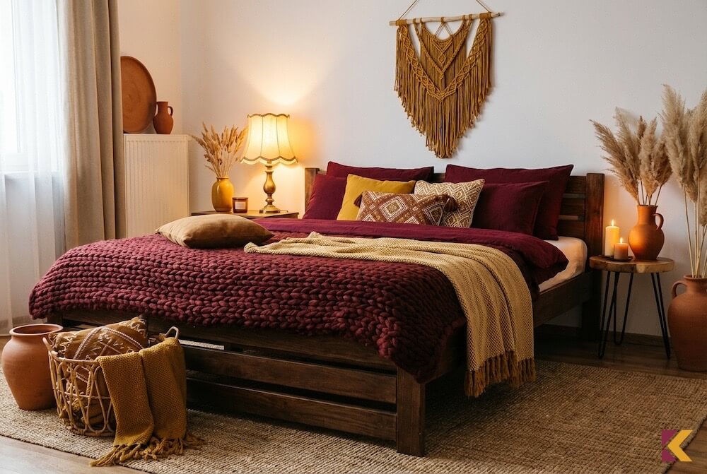 Przytulna sypialnia boho z bordowymi tekstyliami i musztardowymi dodatkami