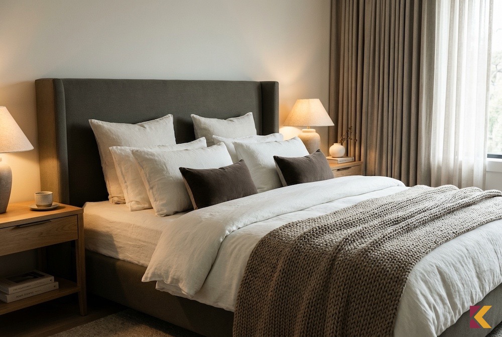 Elegancka sypialnia z łóżkiem fango i pościelą alabastrową