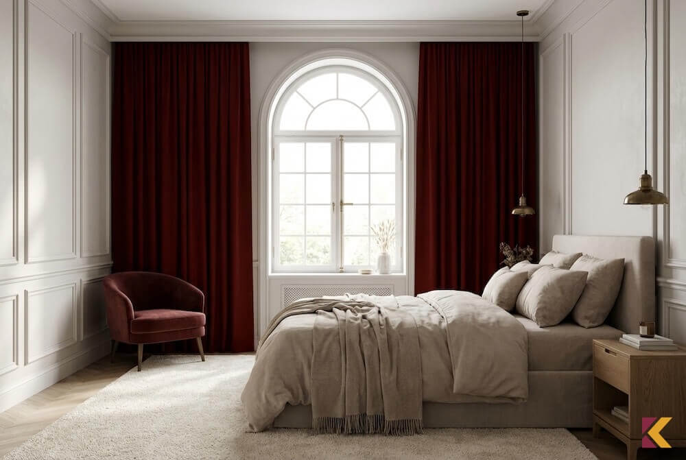 Elegancka sypialnia z burgundowymi zasłonami i jasną pościelą
