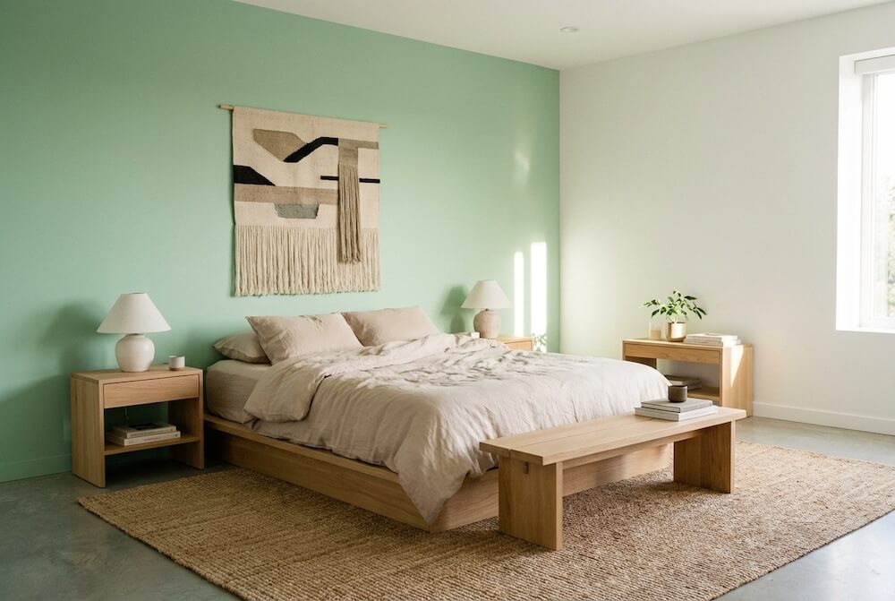 Pokój dziecięcy z seledynowymi ścianami oraz dodatkami w waniliowym żółtym i pudrowym różu