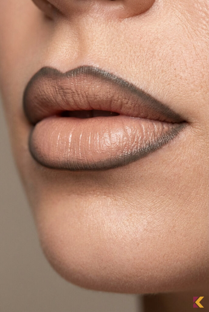 Usta w stylu lat 90 z konturówką fango i pomadką nude